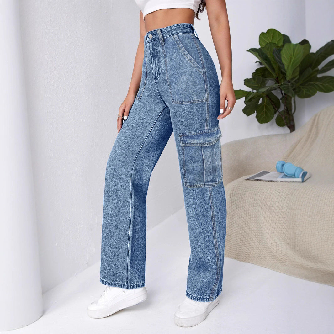 Women High-Waisted Cargo Wide Jeans with Patch Pockets and Elastic Hem Fashion Glam