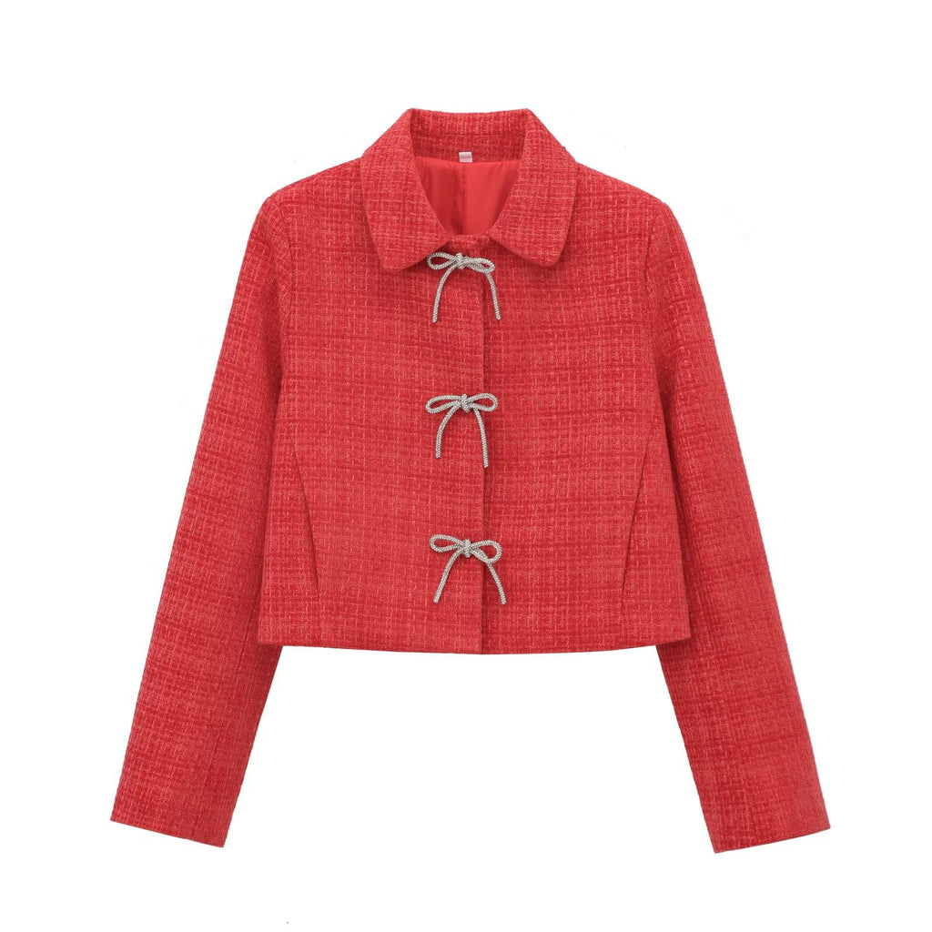 Women's Short Boucle Tweed Jacket with Peter Pan Collar and Decorative Bow Closures Fashion Glam