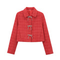 Women's Short Boucle Tweed Jacket with Peter Pan Collar and Decorative Bow Closures Fashion Glam
