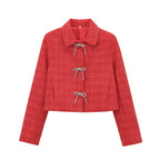 Women's Short Boucle Tweed Jacket with Peter Pan Collar and Decorative Bow Closures Fashion Glam