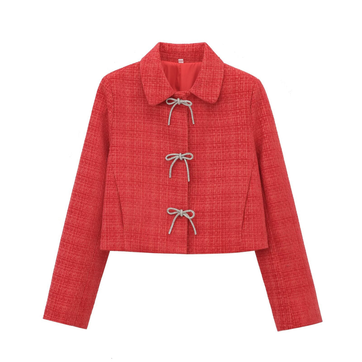 Women's Short Boucle Tweed Jacket with Peter Pan Collar and Decorative Bow Closures Fashion Glam