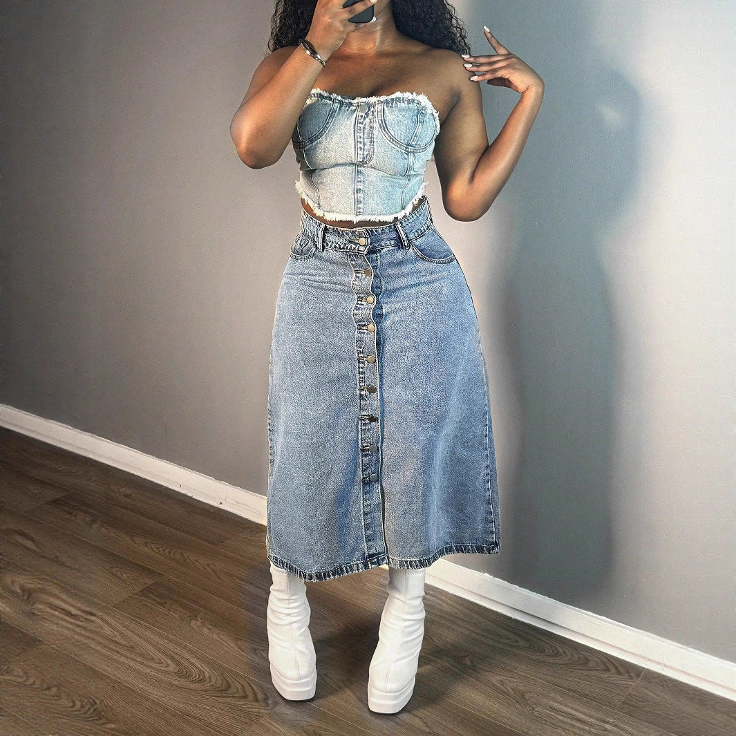 Ladies mid-length denim skirt with continuous button placket and high-waisted A-line cut Fashion Glam