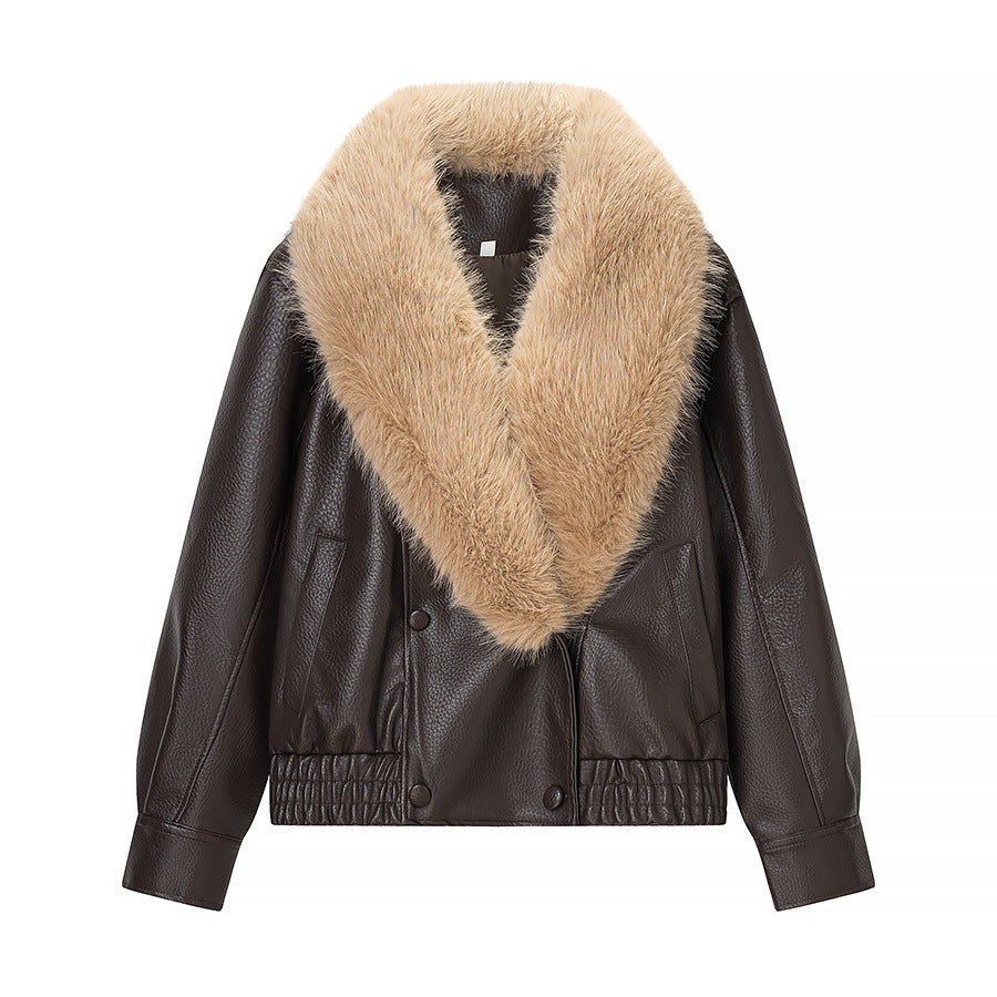 Women Quilted Leather Look Blouson with Voluminous Fur Collar Fashion Glam