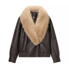 Women Quilted Leather Look Blouson with Voluminous Fur Collar Fashion Glam