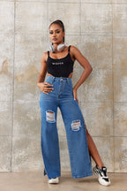 Women's high-waisted wide-leg jeans with large knee rips and side leg slits Fashion Glam
