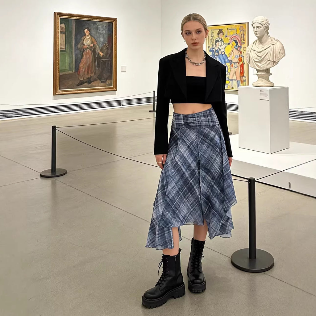 Women Asymmetrical multilayer midi skirt made of chiffon with wide waistband and check pattern Fashion Glam