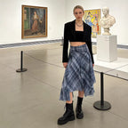 Women Asymmetrical multilayer midi skirt made of chiffon with wide waistband and check pattern Fashion Glam