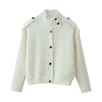 Women’s structured knit cardigan with stand-up collar, button placket and shoulder patches Fashion Glam