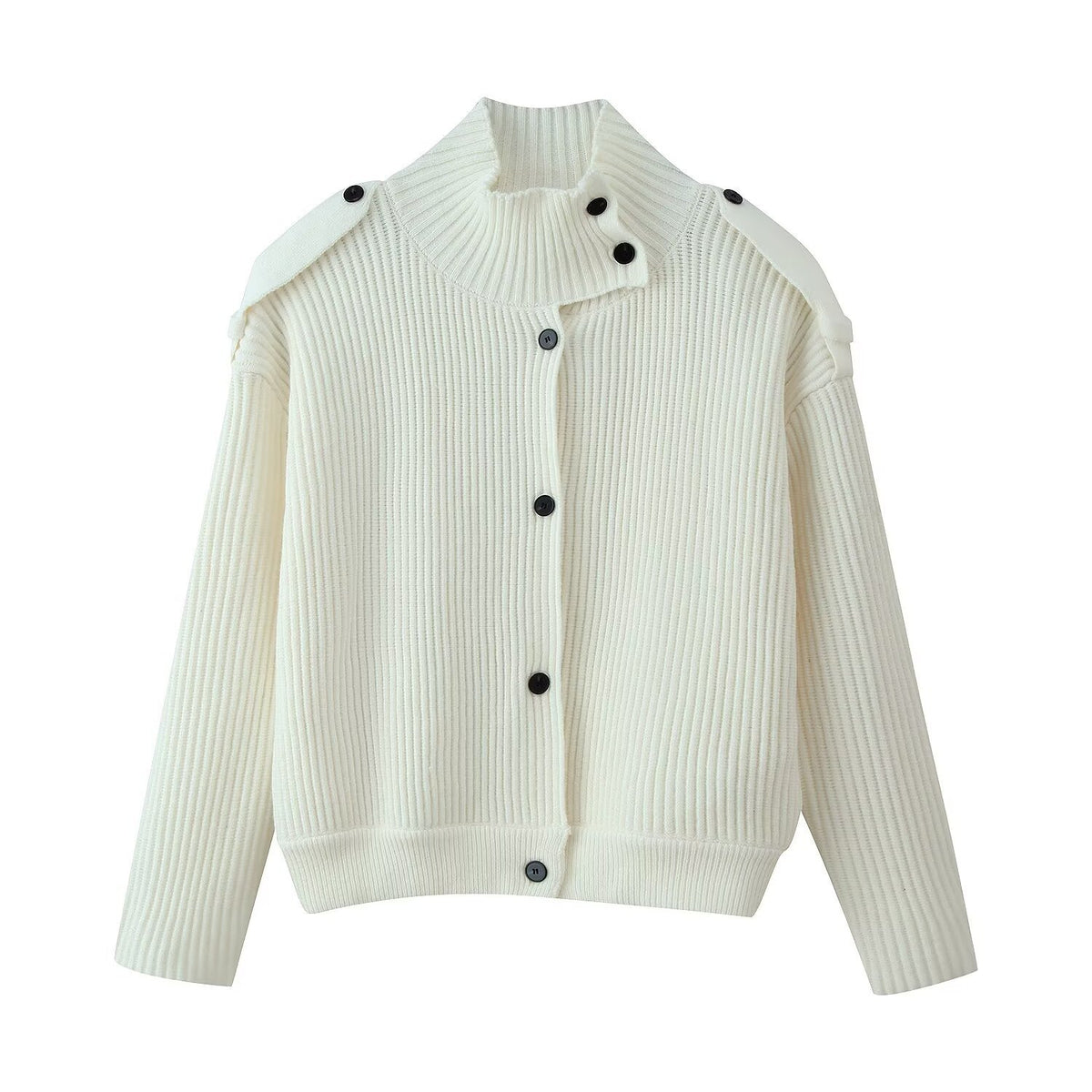 Women’s structured knit cardigan with stand-up collar, button placket and shoulder patches Fashion Glam