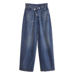 Women's high-waisted wide denim jeans with asymmetric waistband and culotte cut Fashion Glam