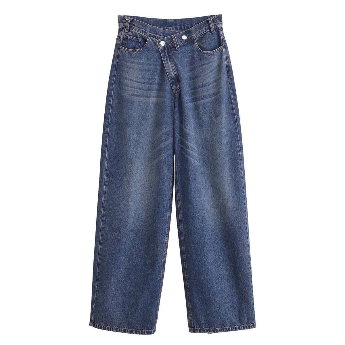 Women's high-waisted wide denim jeans with asymmetric waistband and culotte cut Fashion Glam
