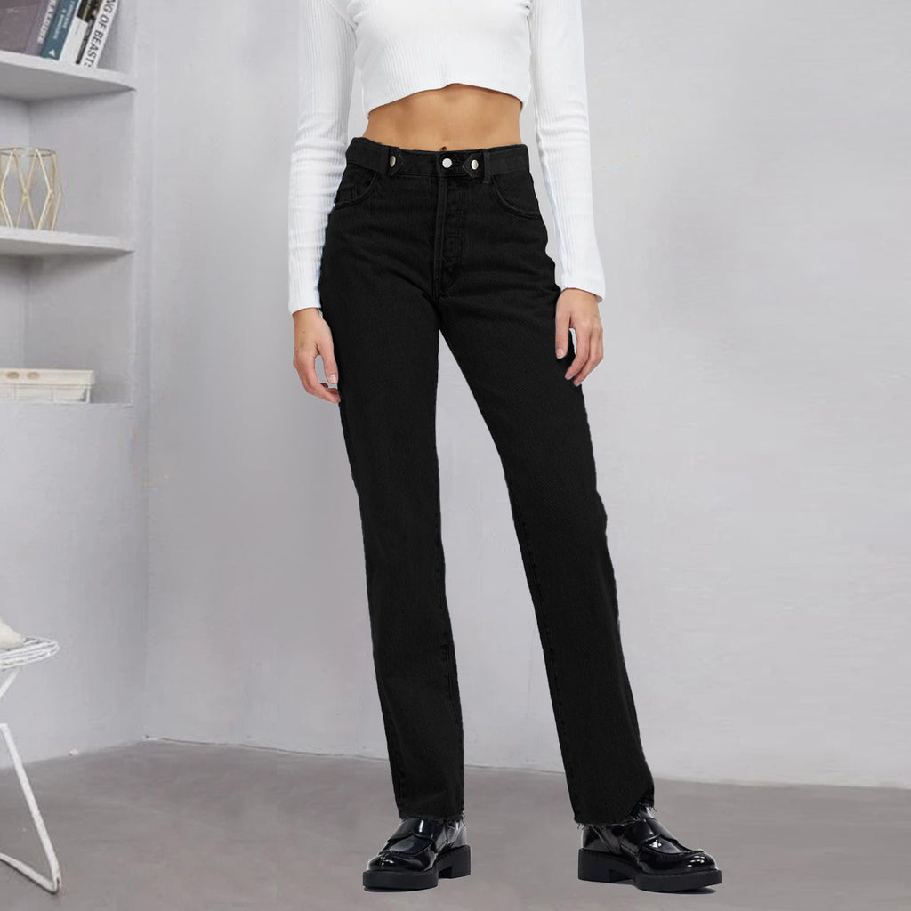 Women high-waisted straight-cut jeans made of rigid denim with raw hem Fashion Glam