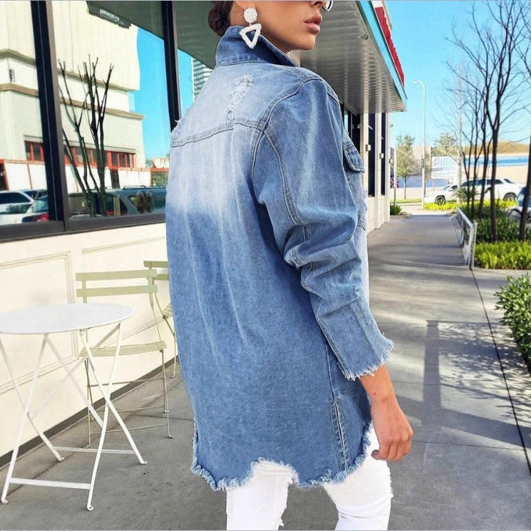 Women's Oversized Denim Jacket with Destroyed Details, Longer Cut and Frayed Hem Fashion Glam