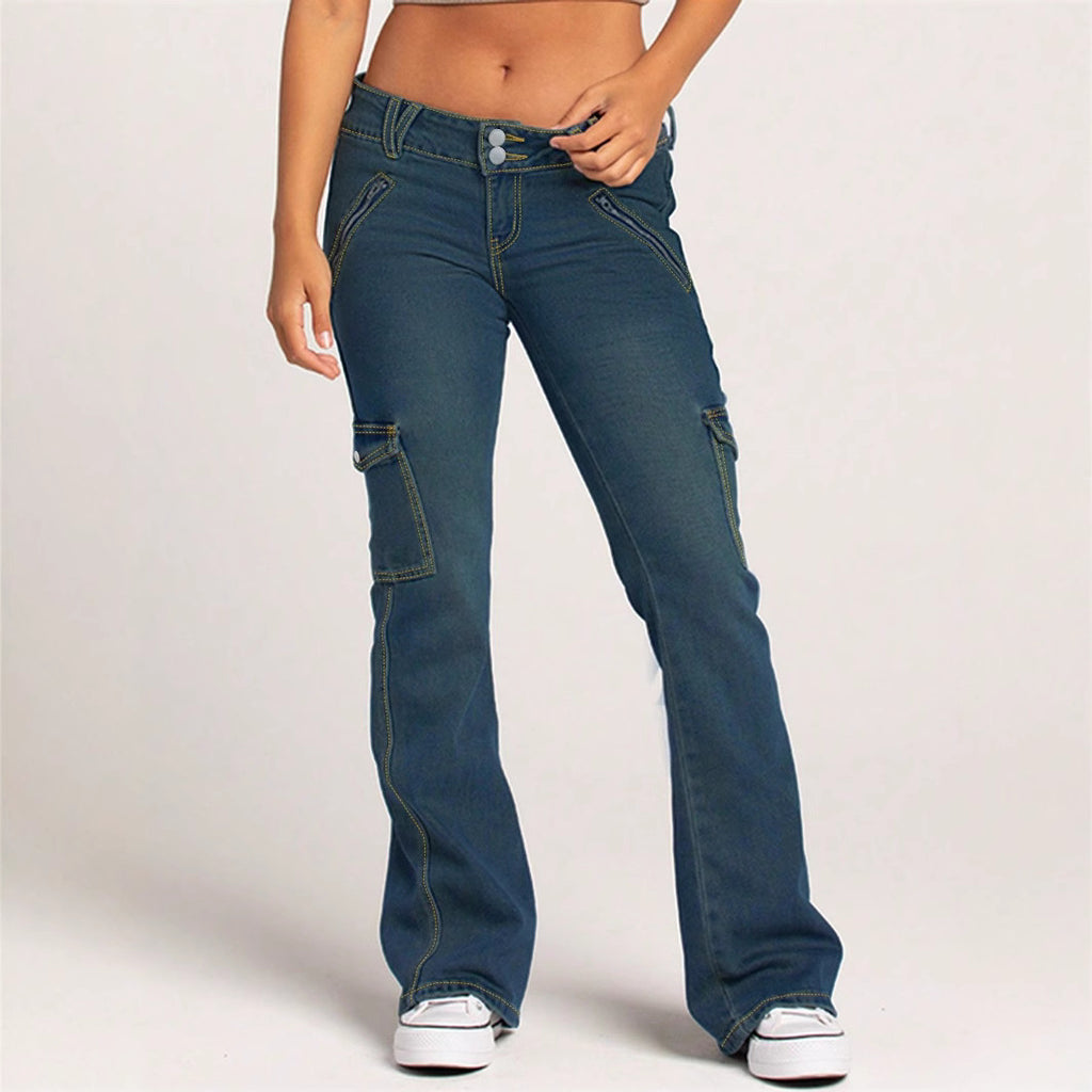 Ladies Cargo Flared Jeans with mid-rise waistband, decorative seams and patch pockets Fashion Glam