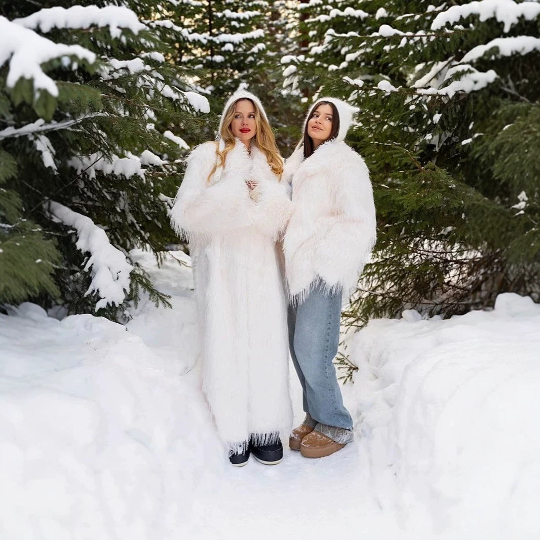 Women's Short Faux Fur Coat with Voluminous Shawl Collar and High Pile Look Fashion Glam