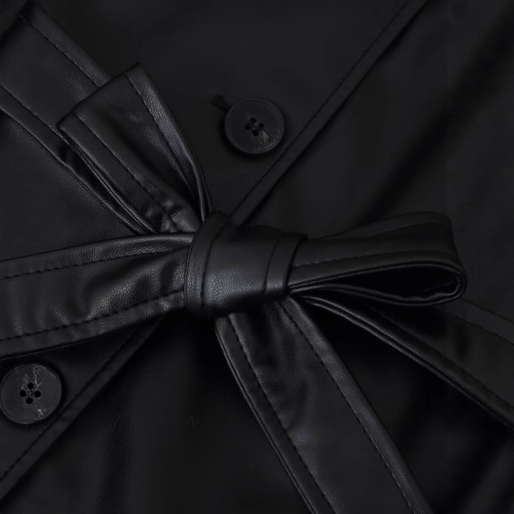 Women's Short Tailored Faux Leather Jacket with Ties and Shirt Collar Fashion Glam