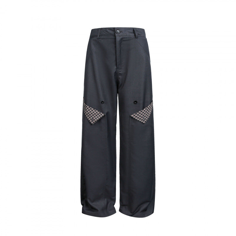 Women's Wide Cargo Pants with Checked Pattern Inserts and Decorative Button Plackets Fashion Glam