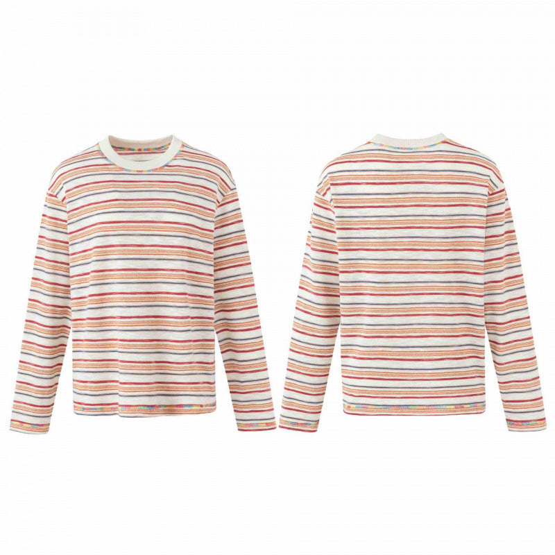Unisex Oversize striped fine knit sweater with round neck and textured weave look Fashion Glam