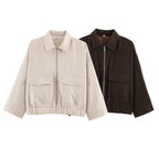 Women's Cropped Oversized Blouson Jacket with Large Flap Pockets, Full-Length Zipper and Elastic Hem Fashion Glam