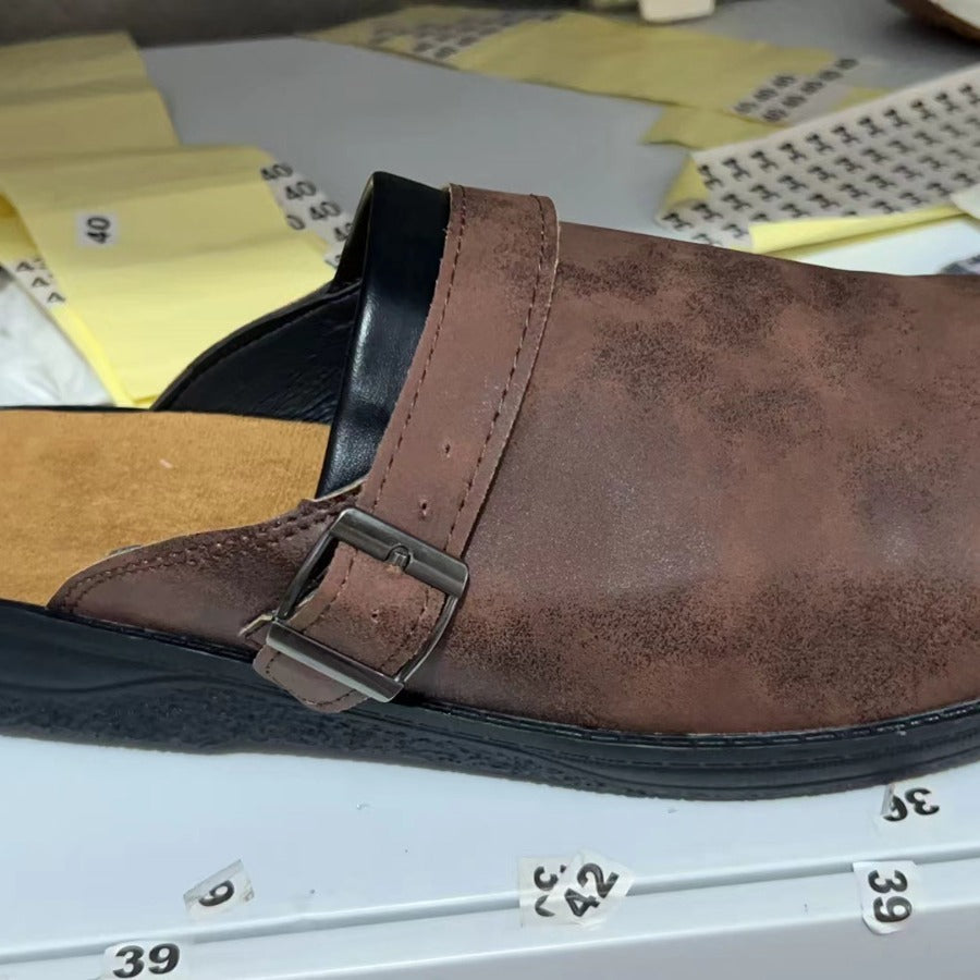 Men's Leather Mule Clog with adjustable buckle strap and padded comfort footbed Fashion Glam