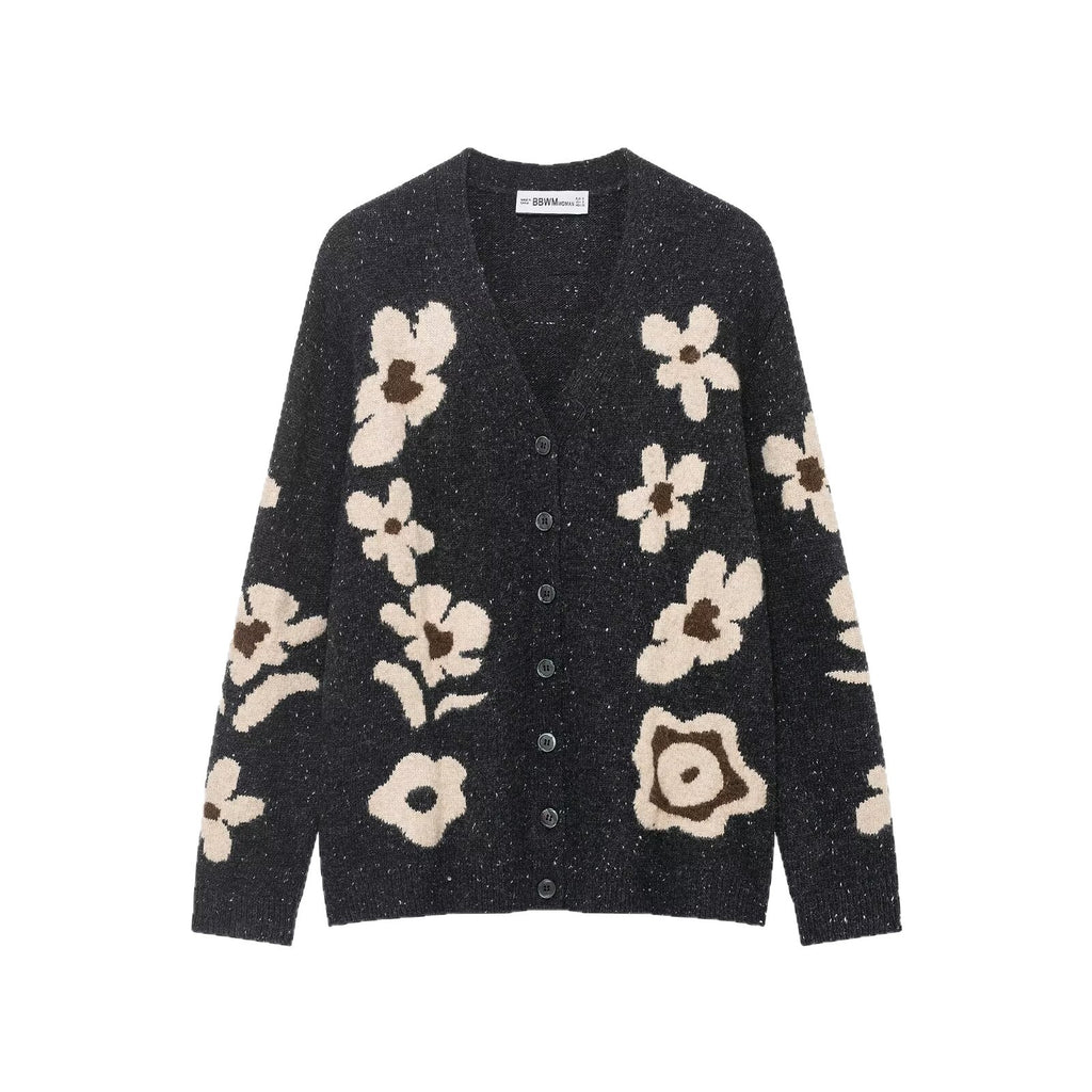 Women's Short Cardigan with Leopard Print and Pearl Flower Buttons Fashion Glam