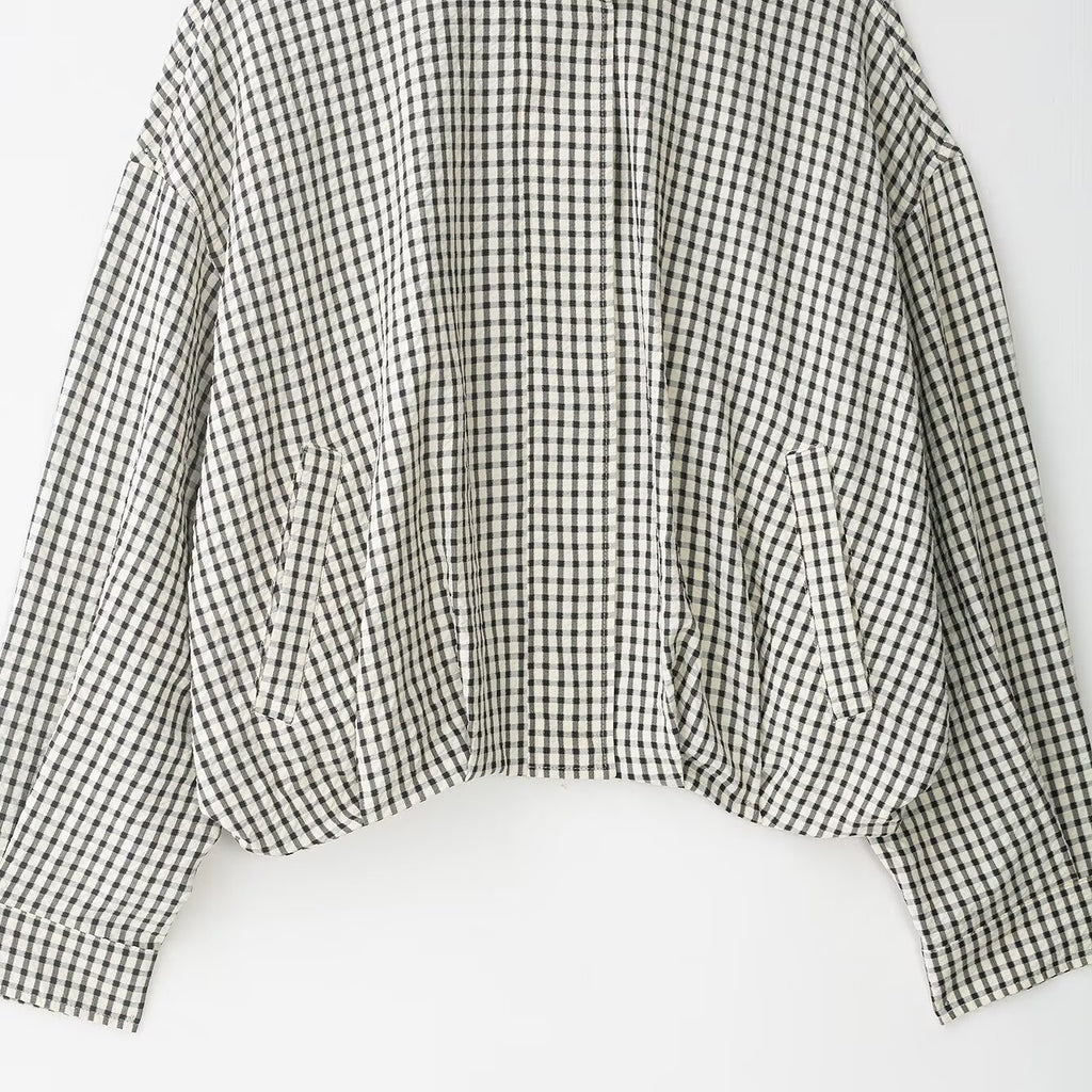 Women Checked Cropped Boxy Blouson with Stand Collar and Side Pockets Fashion Glam
