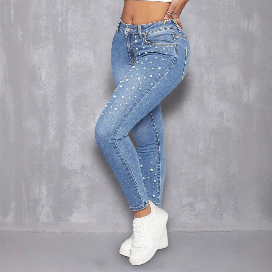 Women High-Waist Skinny Jeans with Pearl Application Fashion Glam