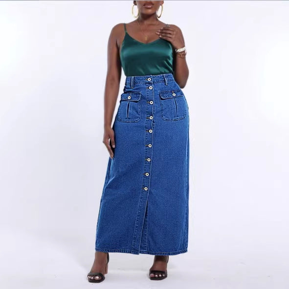 Women's long cut high-waist denim maxi skirt with a continuous button placket and patch pockets Fashion Glam