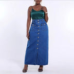 Women's long cut high-waist denim maxi skirt with a continuous button placket and patch pockets Fashion Glam