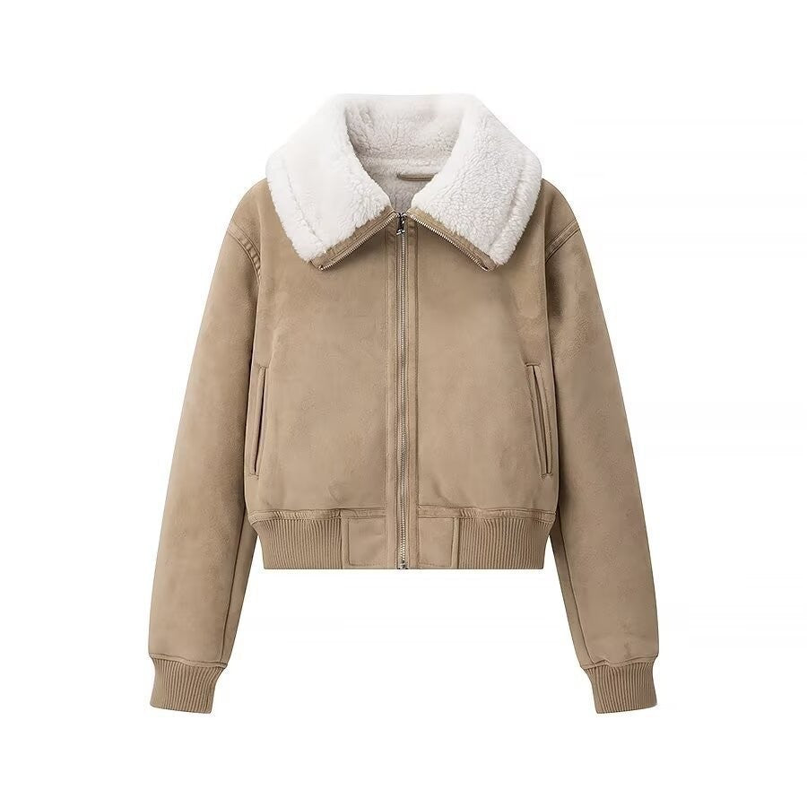 Women's short-cut bomber jacket with faux fur collar and velour look Fashion Glam