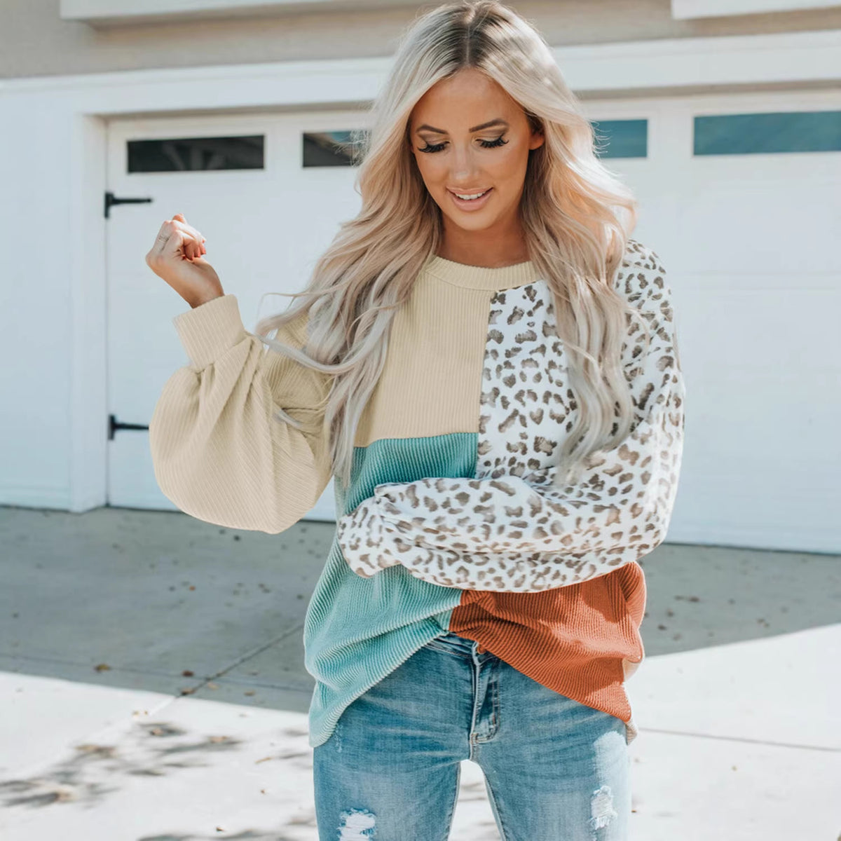 Ladies Oversize Patchwork Sweater with Animal Print and Textured Knit Fashion Glam