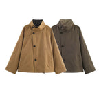 Women's Oversized Short Coat with High Stand Collar, Raglan Sleeves and Concealed Button Placket Fashion Glam