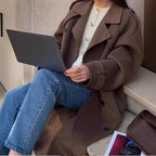 Women's Maxi Wool Blend Coat in Military Style with Wide Lapels and Dropped Shoulders Fashion Glam