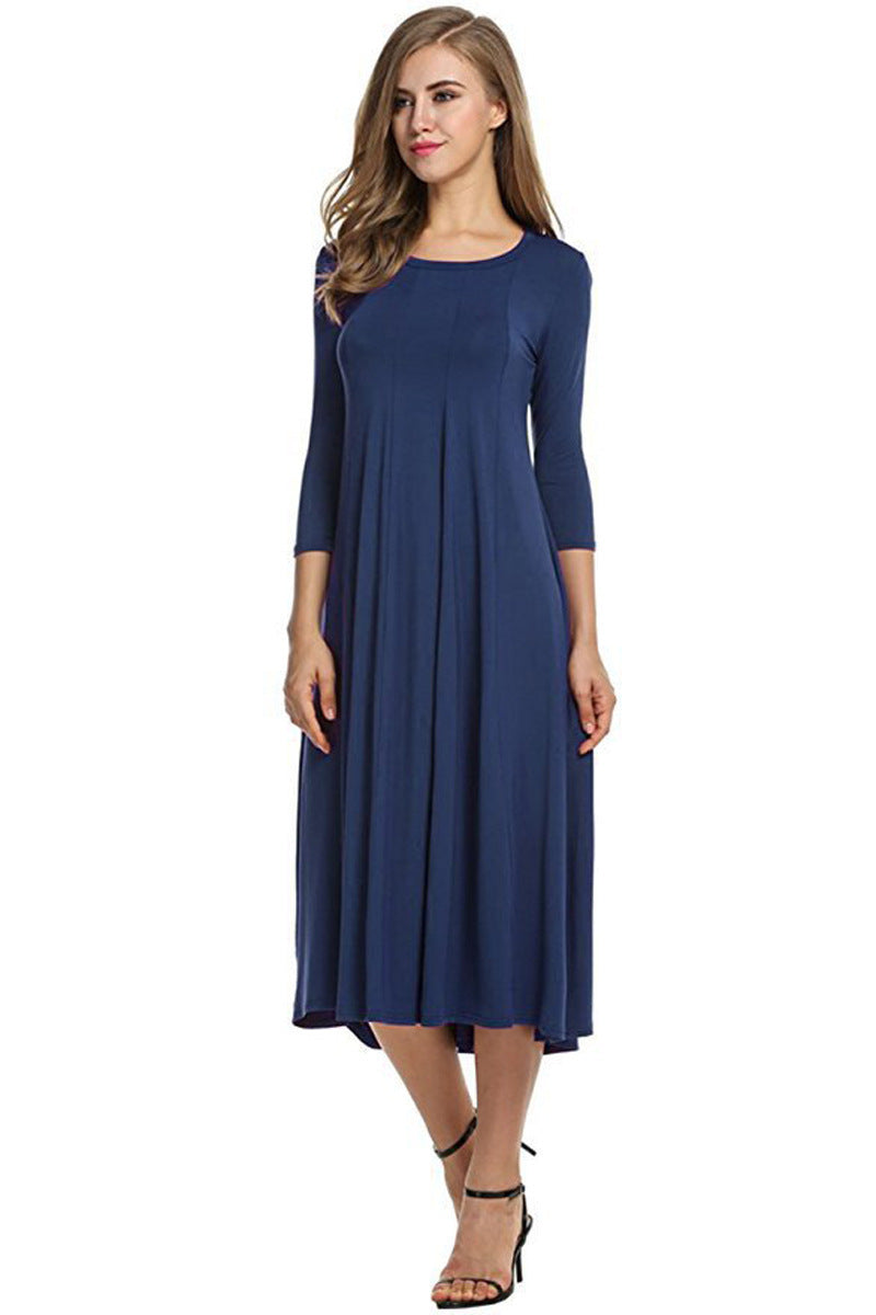 Women's Long A-Line Midi Dress made of Stretch Jersey with Three-Quarter Sleeves and Side Pockets Fashion Glam