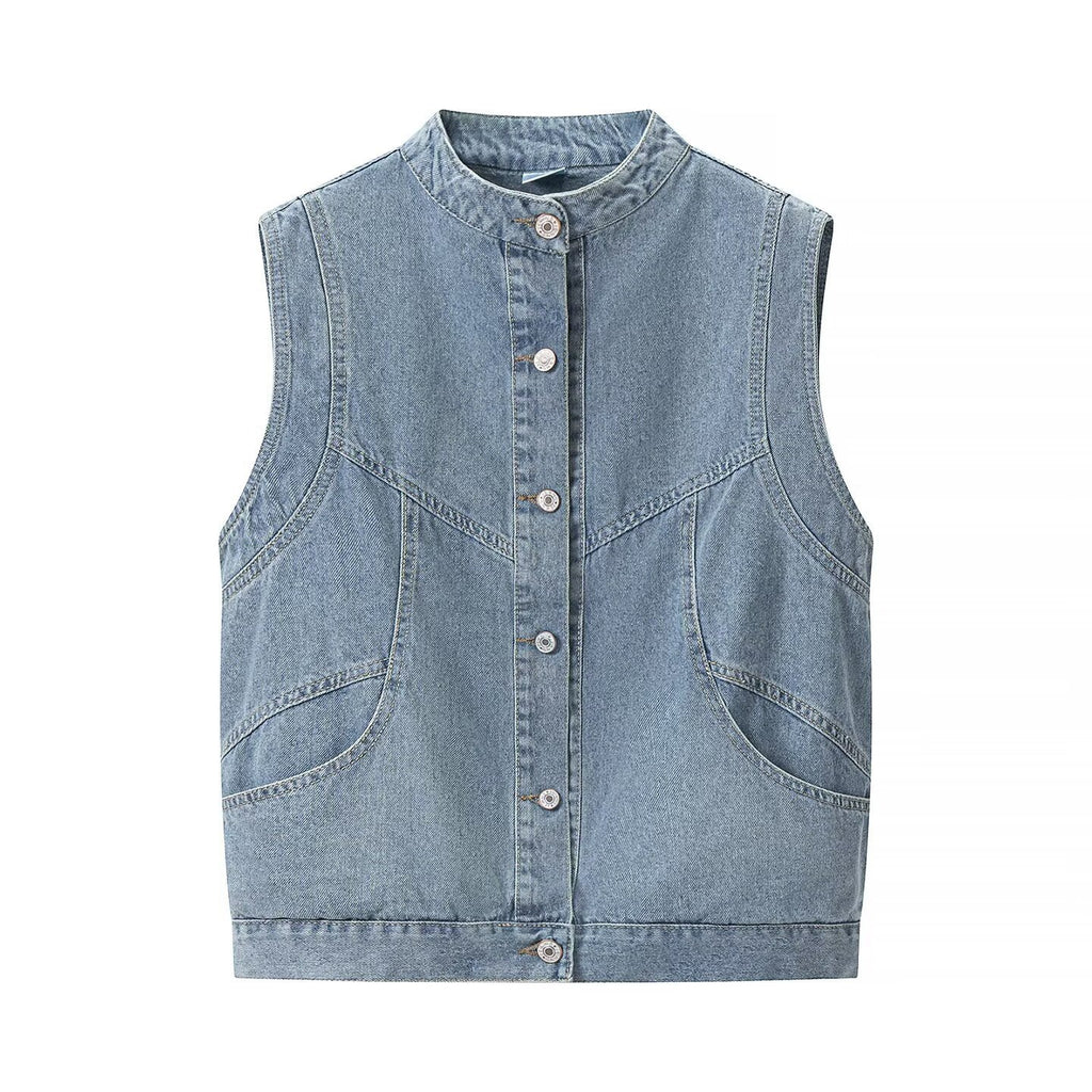 Women's jeans vest with stand-up collar, full-length button placket, and patch pockets Fashion Glam