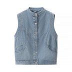 Women's jeans vest with stand-up collar, full-length button placket, and patch pockets Fashion Glam