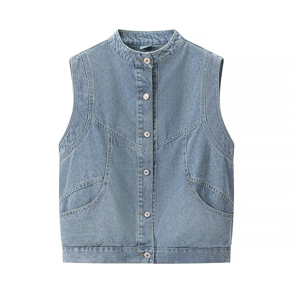 Women's jeans vest with stand-up collar, full-length button placket, and patch pockets Fashion Glam