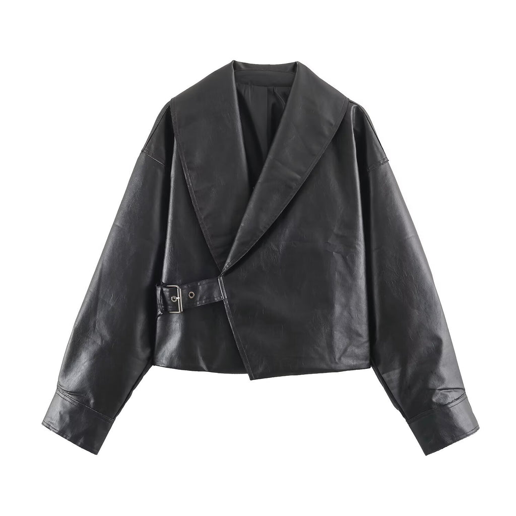 Women Short Oversized Faux Leather Jacket with Wide Shawl Collar and Belt Fashion Glam