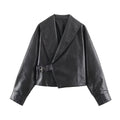 Women Short Oversized Faux Leather Jacket with Wide Shawl Collar and Belt Fashion Glam
