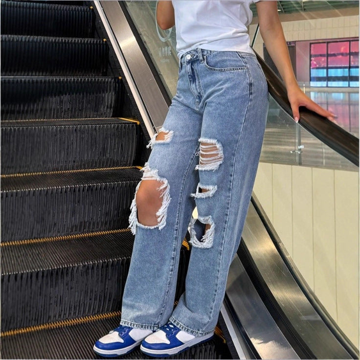 Women's High-Waist Baggy Jeans with large knee rips and straight leg Fashion Glam