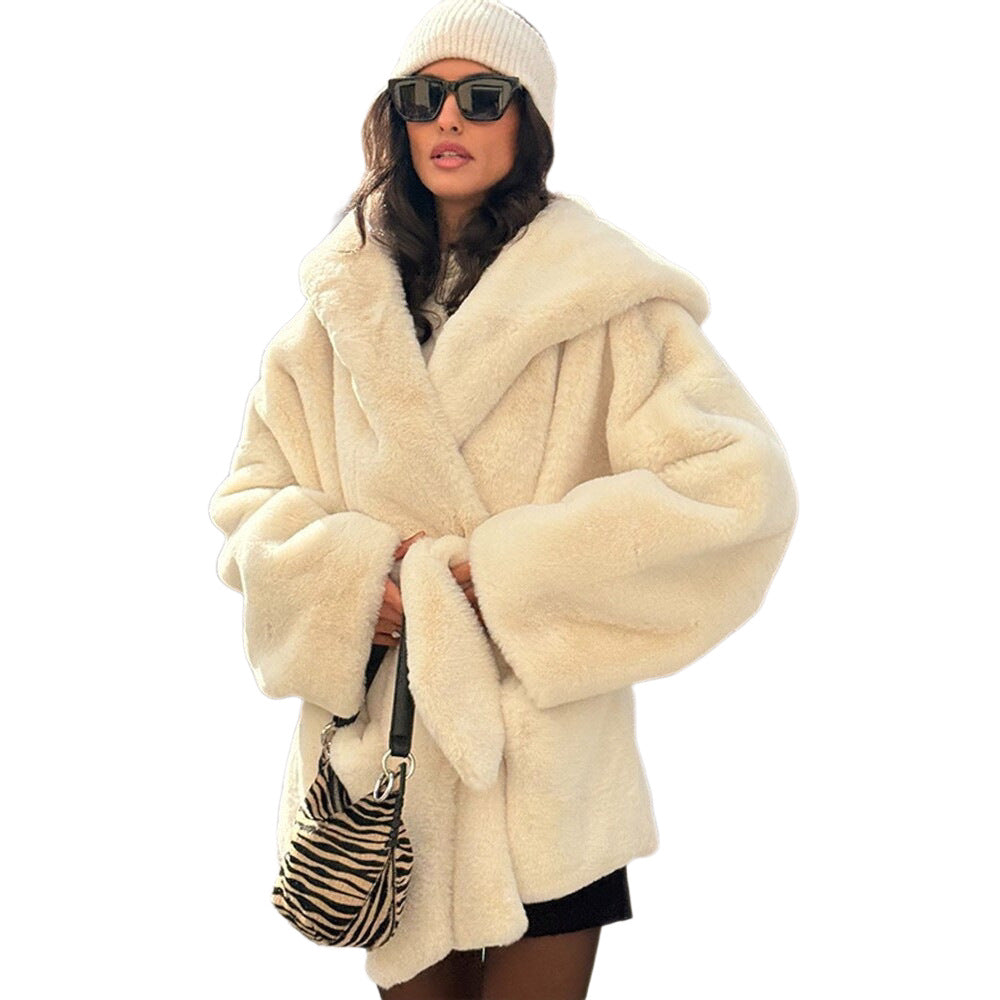 Women's Boxy Teddy Jacket with Wrap Belt and Oversized Shawl Collar Fashion Glam