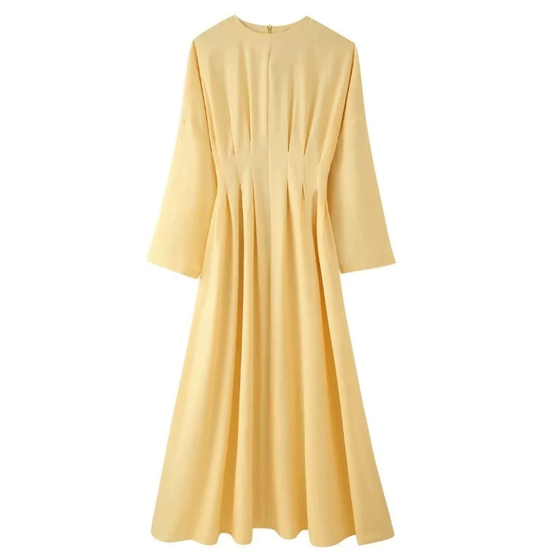 Ladies max dress with pleated bodice pleats, wide skirt and long bell sleeves Fashion Glam