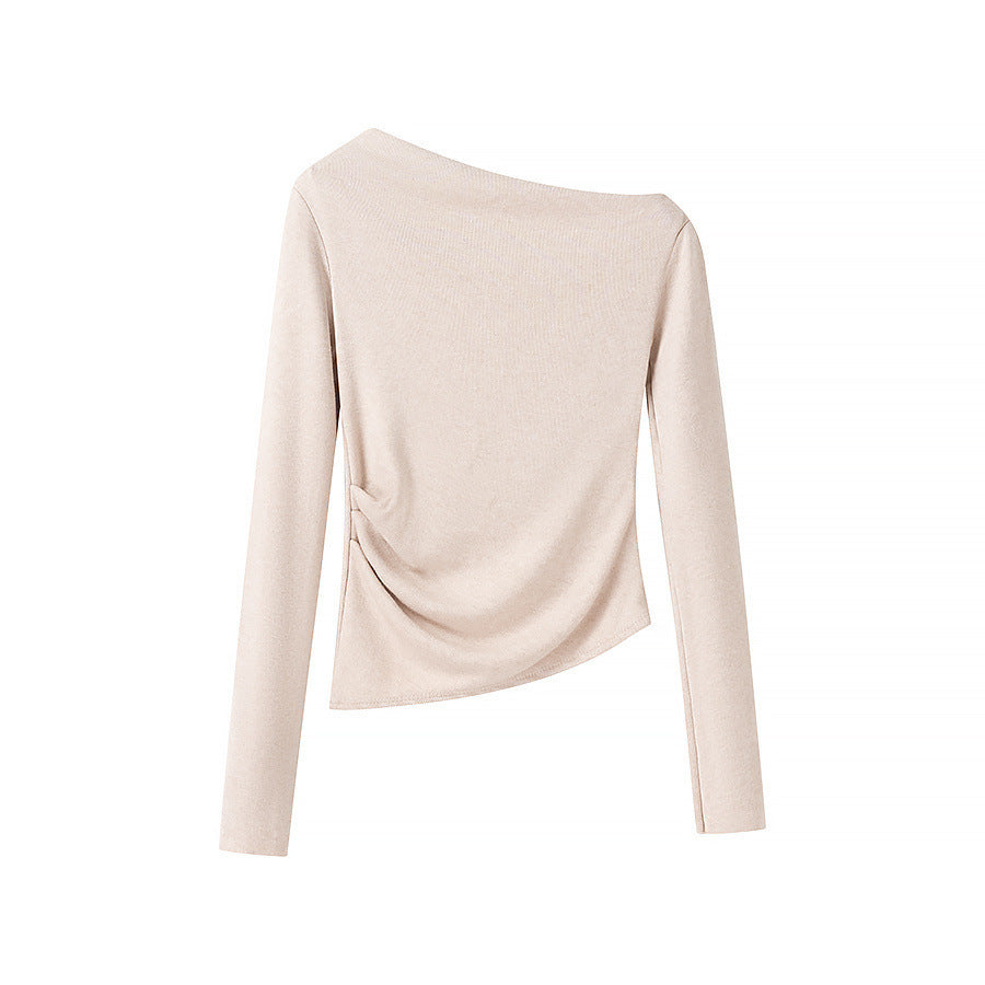 Women’s asymmetrical fine knit top with off-the-shoulder neckline and gathered side panel Fashion Glam