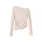 Women’s asymmetrical fine knit top with off-the-shoulder neckline and gathered side panel Fashion Glam