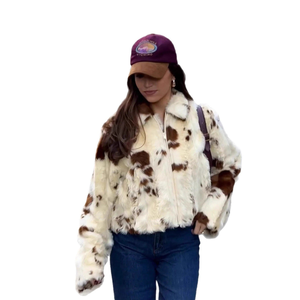 Women's Short Cropped Faux Fur Jacket with Stand-Up Collar and Spot Pattern Fashion Glam
