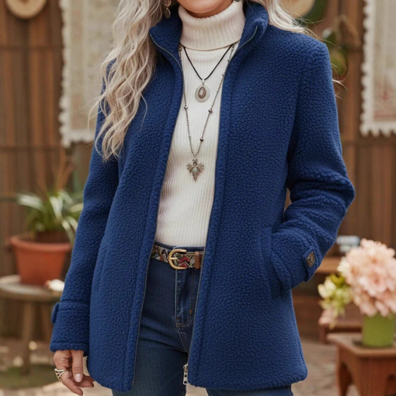 Women Cozy Teddy Cardigan Coat with Stand-Up Collar, Hidden Zipper and Decorative Button Cuffs Fashion Glam