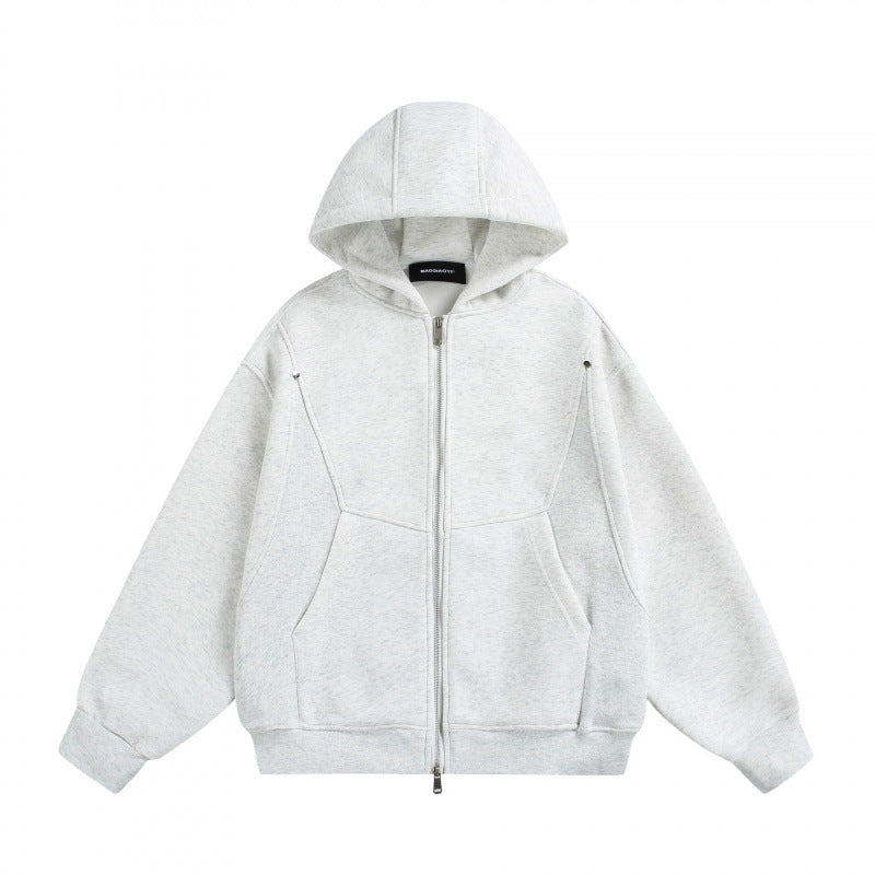 Unisex Boxy Hoodie Jacket with Two-Way Zipper and Geometric Seam Details Fashion Glam