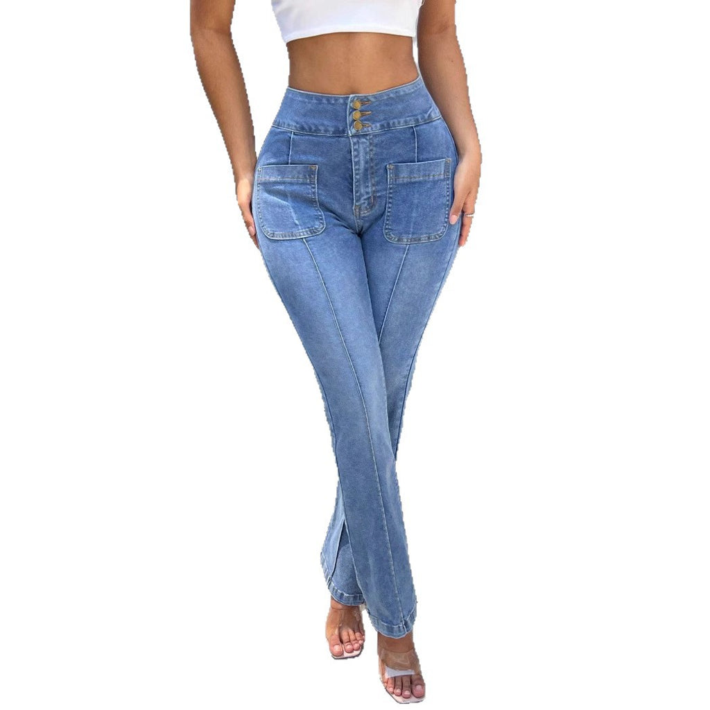 Women High-Waisted Straight Jeans with Front Pockets and Center Seam Fashion Glam