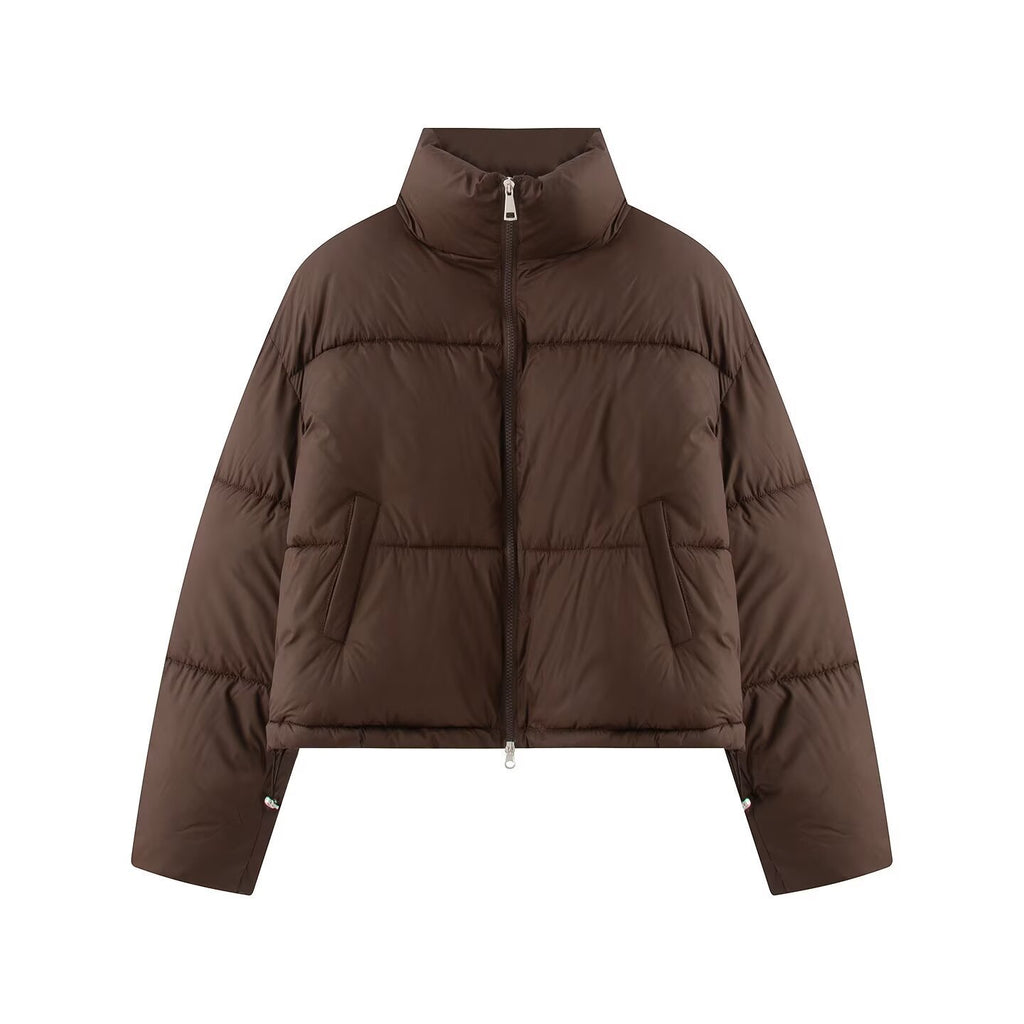 Women's Cropped Oversize Puffer Jacket with High Stand Collar and Two-Way Zipper Fashion Glam