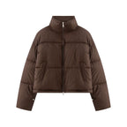 Women's Cropped Oversize Puffer Jacket with High Stand Collar and Two-Way Zipper Fashion Glam